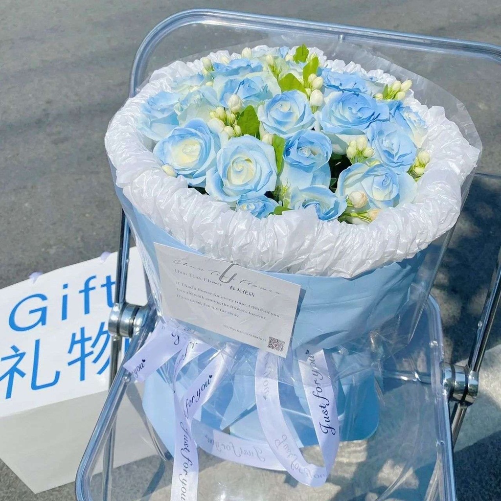 【非你茉属】19枝碎冰蓝白玫瑰花配茉莉喷色圆花束小清新花礼生日鲜花店送花上门MO/WRO