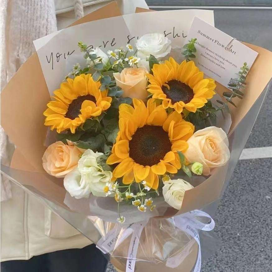 【美好可期】3枝向日葵3枝香槟玫瑰花混搭花束鲜花店送花上门生日礼物花店配送鲜花外卖