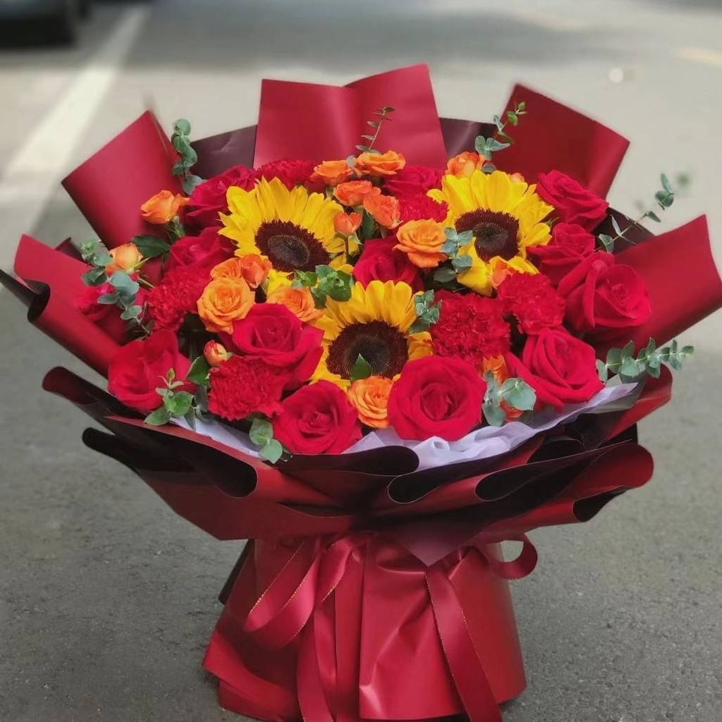 【吉祥如意】三朵向日葵红玫瑰红色康乃馨混搭花束生日鲜花乔迁花束送领导送长辈送父母