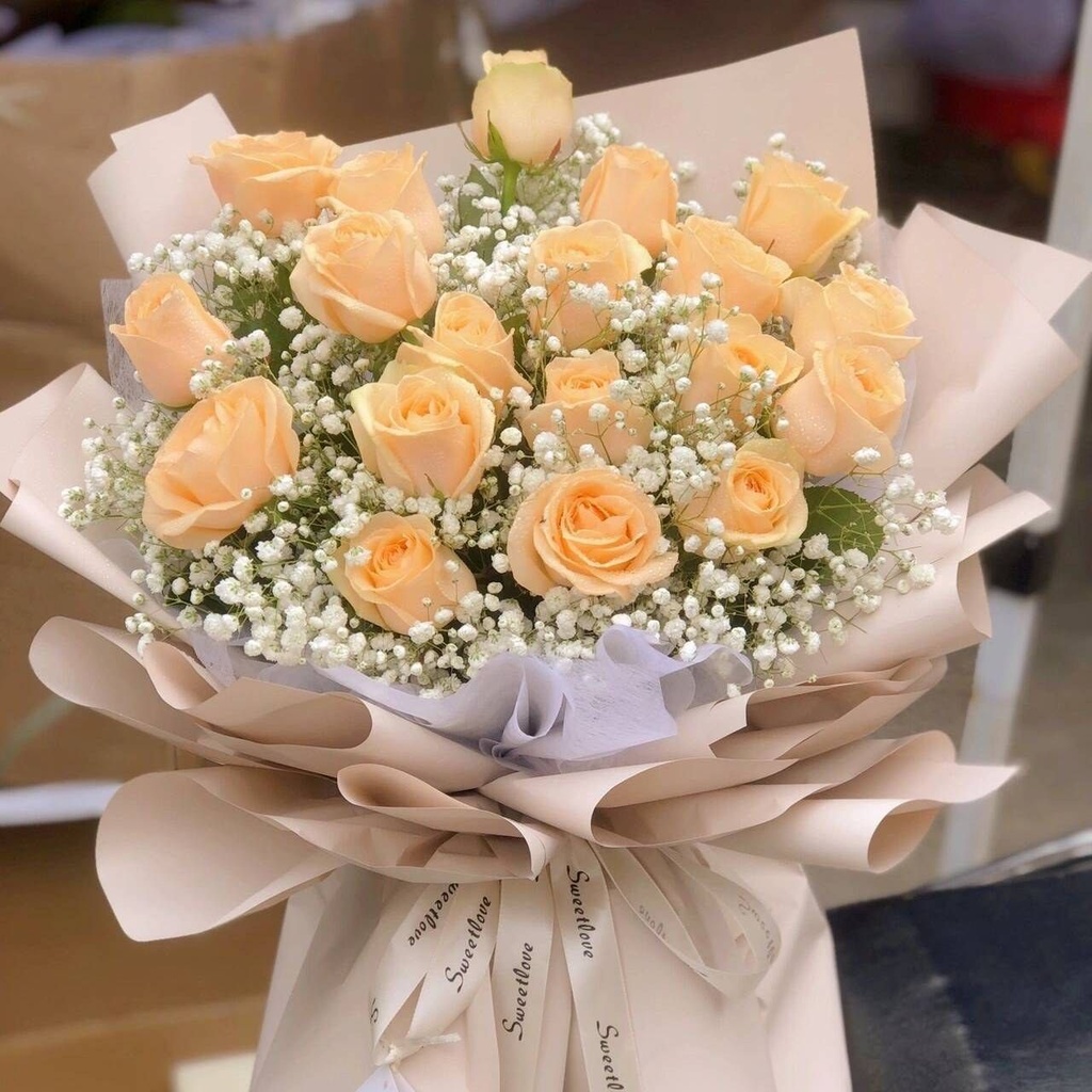 【诗意盎然】19朵香槟配满天星花束生日鲜花送老婆送女友送闺密花店鲜花送花上门