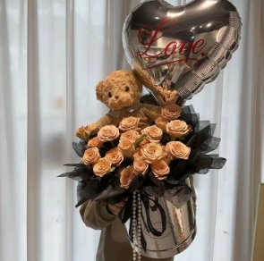 【浪漫小熊】21朵卡布奇诺小熊抱抱桶生日鲜花送闺蜜送女友送老婆花店鲜花送花上门
