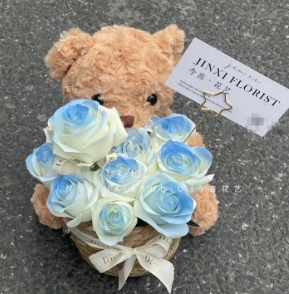 【浪漫小熊】11朵碎冰蓝玫瑰小熊抱抱桶花束情人节礼物送女友送男友花店鲜花送花上门