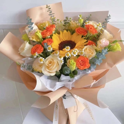 [HZY000719] 【围炉煮茶】1枝向日葵配9枝香槟玫瑰花多头泡泡混搭花束鲜花店生日快乐毕业花束送花上门RO