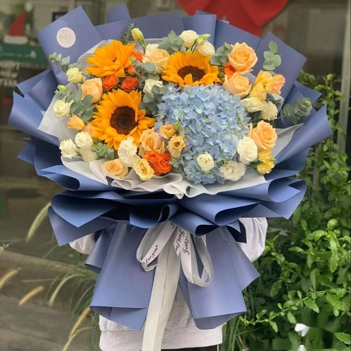 [HZY001195] 【星河璀璨】3枝向日葵配7枝香槟玫瑰花蓝绣球混搭花束毕业鲜花毕业礼物拍毕业照专用