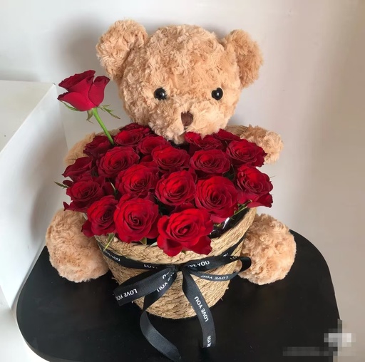 [HZY000083] 【告白小熊】红玫瑰小熊抱抱桶花束情人节鲜花送女友花店鲜花送花上门