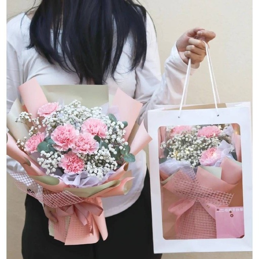 [HZY000392] 【妈妈辛苦了】5枝粉色康乃馨手提袋花束送妈妈送长辈