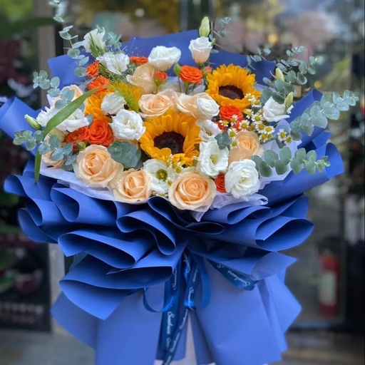 [HZY000336] 【暖心】3朵向日葵11朵香槟玫瑰搭配橙泡泡白桔梗洋甘菊喷泉草混搭鲜花花束送男友送爸爸