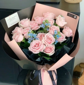 [HZY001803] 【偏爱】16朵粉玫瑰蓝星花混搭花束生日鲜花送女友送老婆送闺蜜花店鲜花送花上门