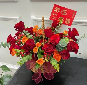 [HZY001823] 【平安喜乐】红玫瑰混搭手提篮混搭手提花篮乔迁之喜开业手提花束