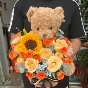 [HZY001846] 【阳光可爱】向日葵香槟玫瑰小熊混搭抱抱桶生日礼物送小孩送女友送老婆送闺蜜花店鲜花送花上门