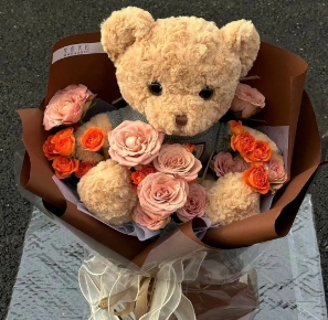 [HZY001851] 【小熊咖】9枝卡布奇诺橙色芭比小熊混搭花束送儿童送闺蜜送女友送老婆花店鲜花送花上门